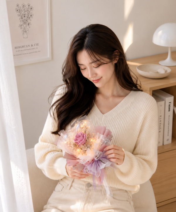 台灣女生穿搭韓系奶油色服裝，坐在北歐風居家場景中手持粉紫色永生花束，呈現情人節浪漫送禮氛圍