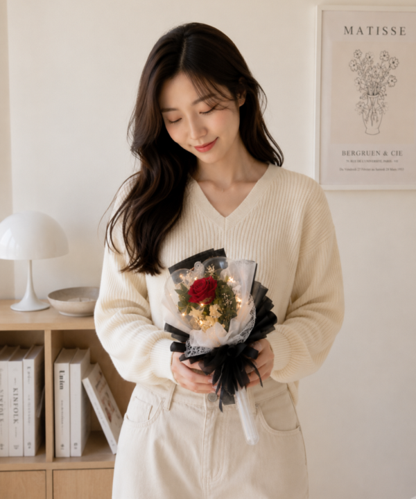 台灣女生穿搭韓系奶油色系服裝，手持紅玫瑰永生花束，搭配柔和自然光與北歐居家風格背景