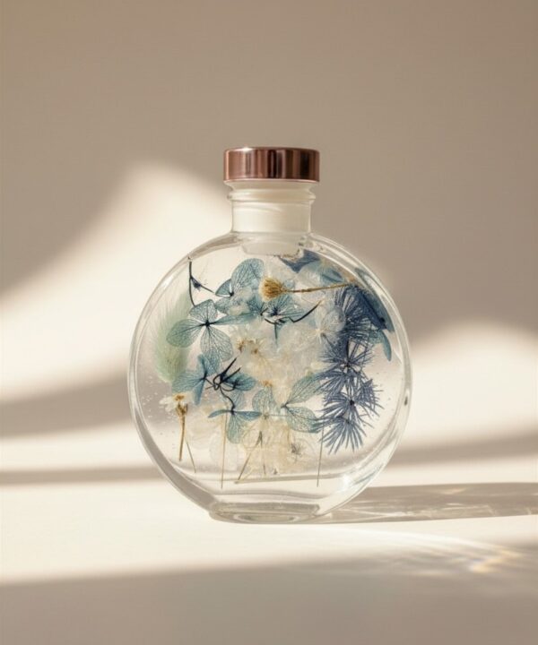 藍色永生花浮游花瓶，透明圓形瓶身搭配藍白色乾燥花材與玫瑰金瓶蓋，適合生日、父親節、情人節與全台宅配花禮推薦