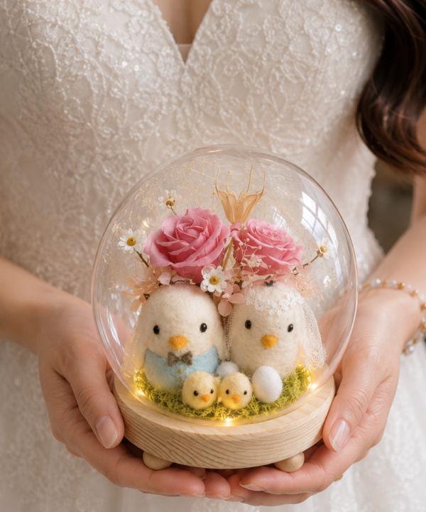 新娘手捧 Gardencity城市花園結婚帶路雞玻璃罩近拍，搭配粉色永生玫瑰、羊毛氈帶路雞與木質發光底座，適合婚禮迎娶與新娘房擺飾。