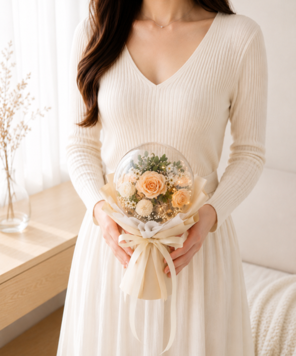 奶油橘玫瑰永生花球花束，適合生日、情人節與畢業送禮
