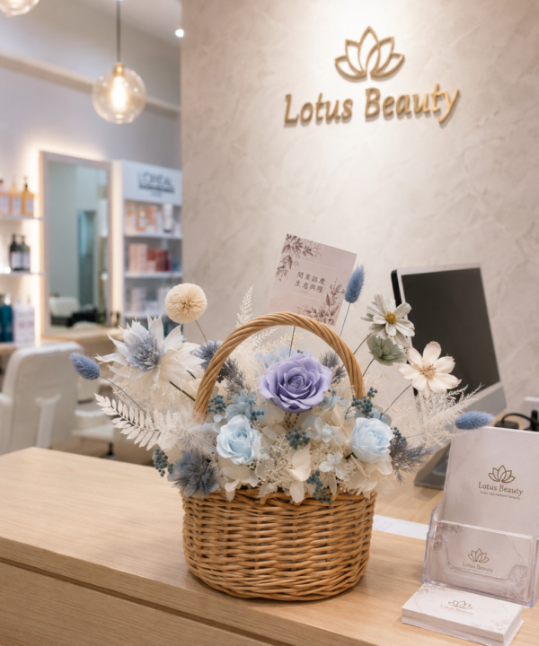 Gardencity城市花園湖水藍永生花提籃，適合美容店、美甲店與醫美診所開幕送禮及櫃檯擺設