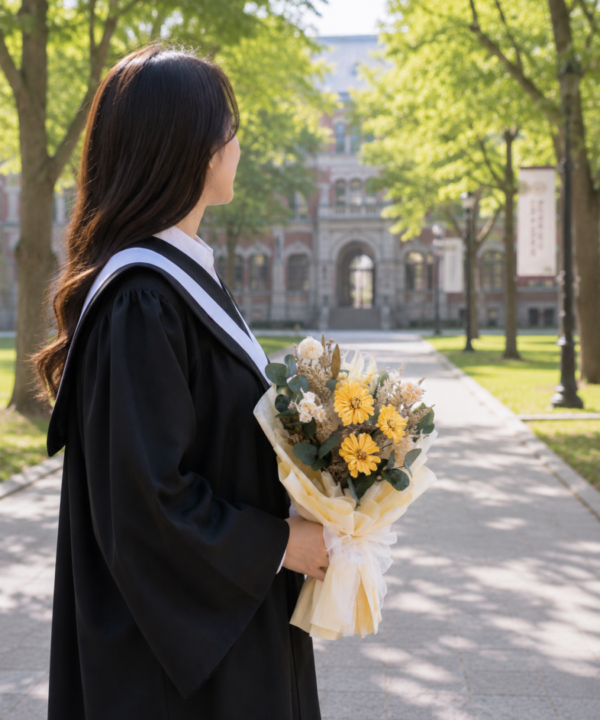 畢業花束推薦，學士服畢業生在大學校園側身手持永生花束