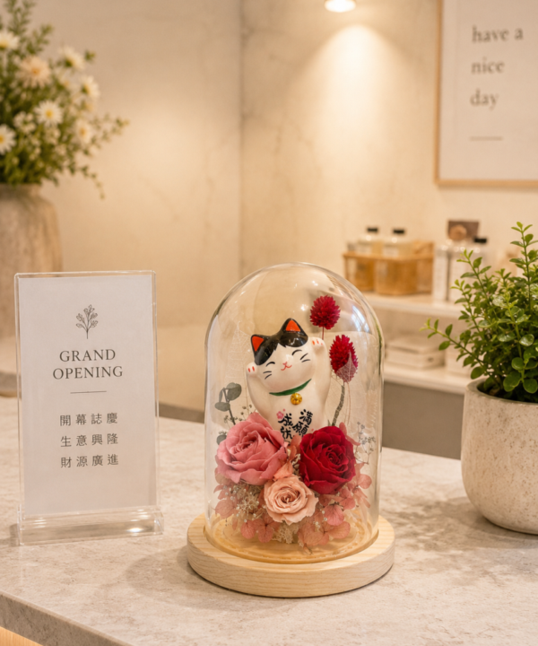Gardencity城市花園招財貓永生花玻璃罩，陳列於新開幕店家櫃台，搭配粉色永生玫瑰、紅色玫瑰與柔和燈光，適合開幕誌慶與招財祝賀花禮。