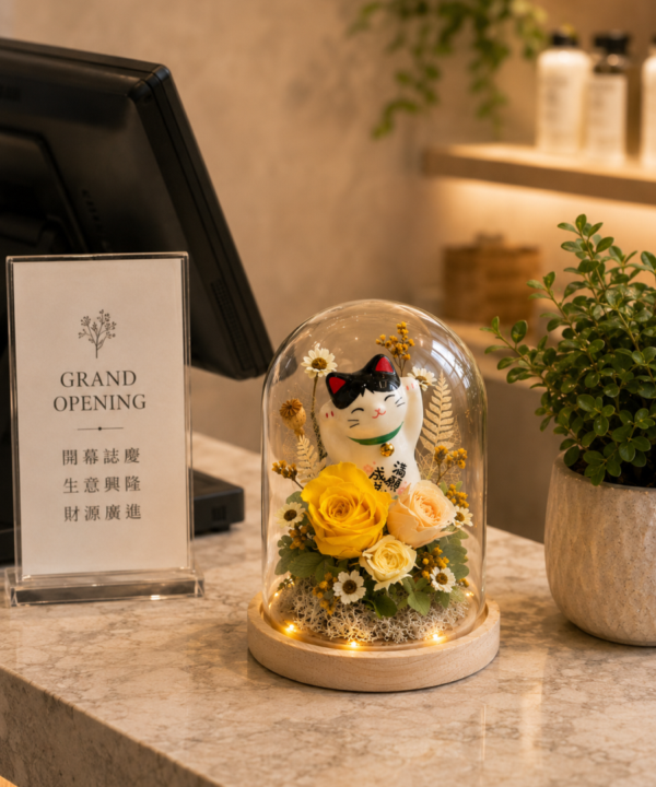 Gardencity城市花園招財貓永生花玻璃罩近景，陳列於新開幕店家櫃台，搭配黃色永生玫瑰、綠色植栽與柔和燈光，適合開幕誌慶與招財花禮。