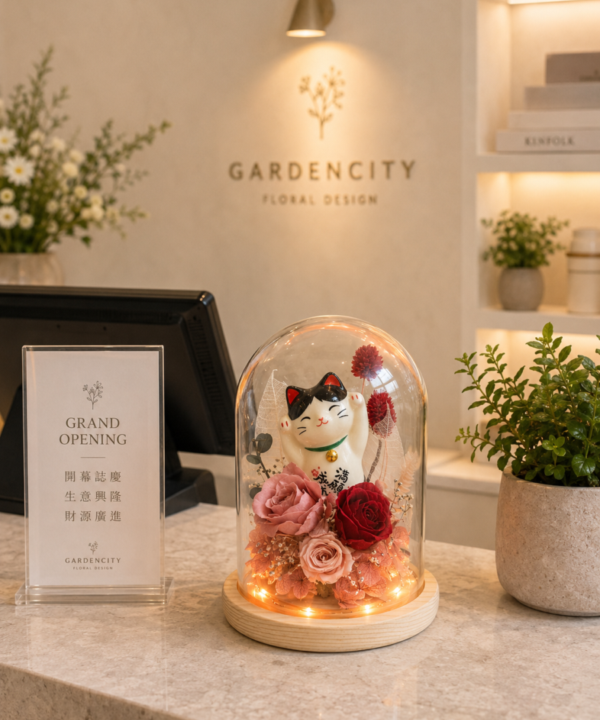 Gardencity城市花園紅粉款招財貓永生花玻璃罩，陳列於新開幕店家櫃台，搭配紅色與粉色永生玫瑰、柔和燈光與開幕立牌，適合開幕誌慶與招財祝賀花禮。