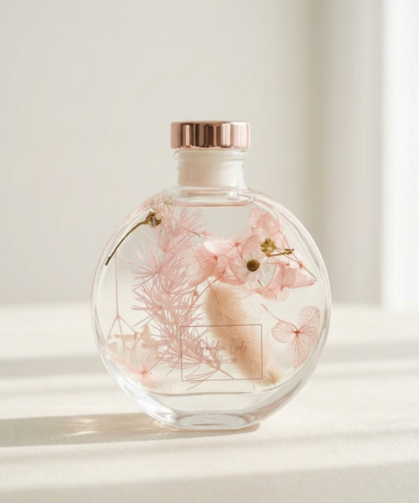 粉色永生花浮游花瓶，透明瓶身搭配粉色乾燥花材與玫瑰金瓶蓋，適合生日、母親節、情人節與全台宅配花禮推薦
