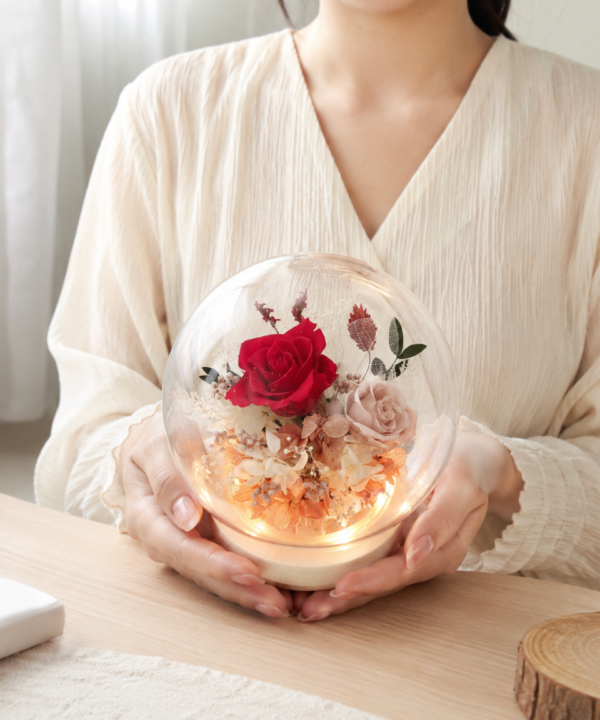 LED燈永生花玻璃罩禮物，紅玫瑰與粉色玫瑰花盅擺設，適合生日、情人節與紀念日送禮