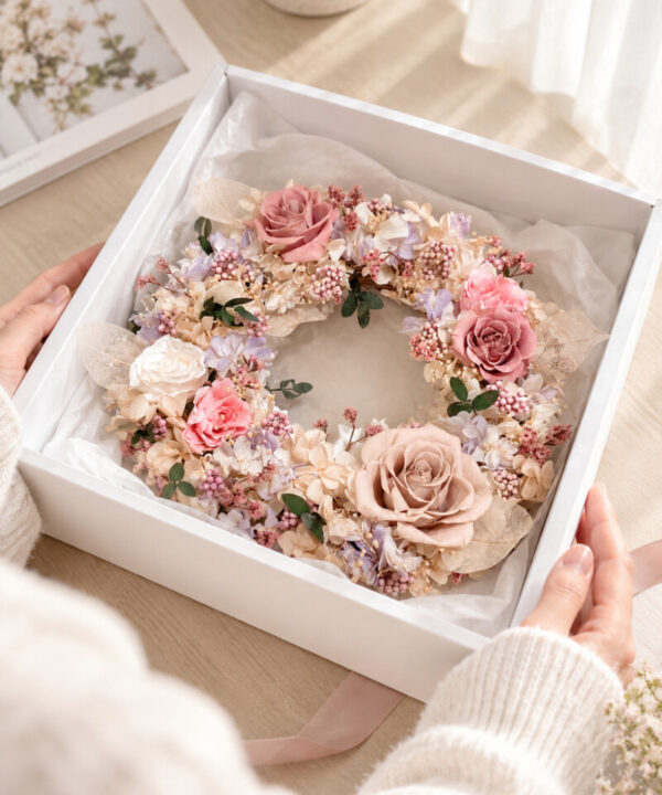 粉紫色永生花圈禮盒，以粉色永生玫瑰、奶油白色花材及淡紫色繡球花搭配製作，呈現浪漫柔和的花圈設計，適合生日送禮、喬遷祝福、新居落成及居家擺飾。