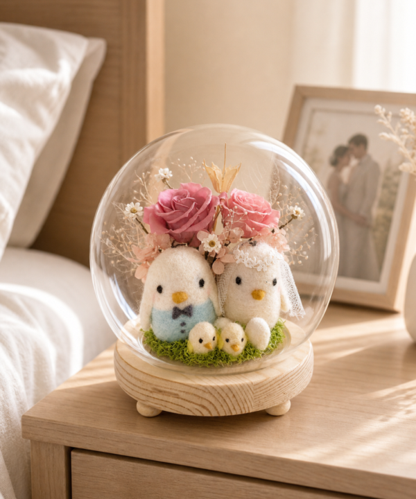 結婚帶路雞推薦，Gardencity城市花園永生花玻璃罩帶路雞，以粉色永生玫瑰與羊毛氈帶路雞搭配柔和窗光情境，適合作為婚禮迎娶與新娘房擺飾。