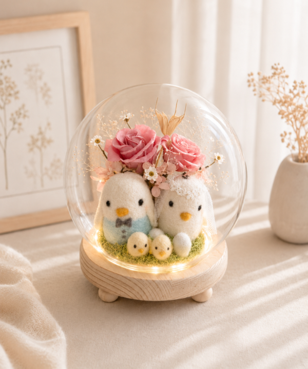 Gardencity城市花園結婚帶路雞永生花玻璃罩，擺放於溫柔床頭櫃情境中，搭配粉色永生玫瑰與羊毛氈帶路雞，適合婚禮迎娶與新娘房布置。
