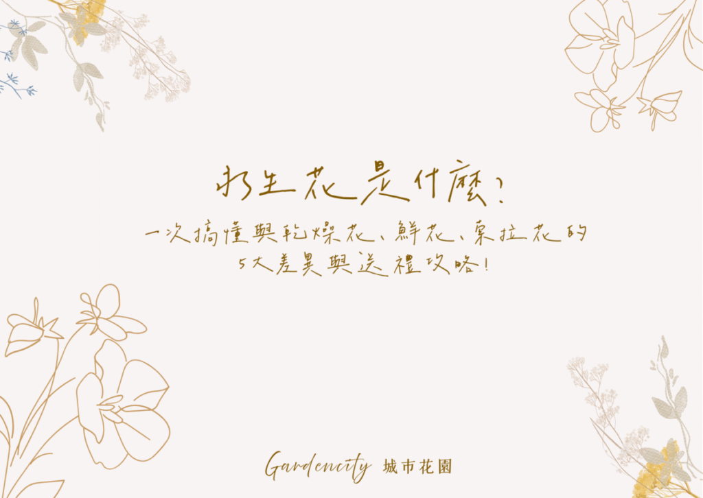 永生花、乾燥花、鮮花與索拉花比較，說明各種花材的保存方式、外觀質感與適合送禮場合，幫助消費者正確選擇花禮