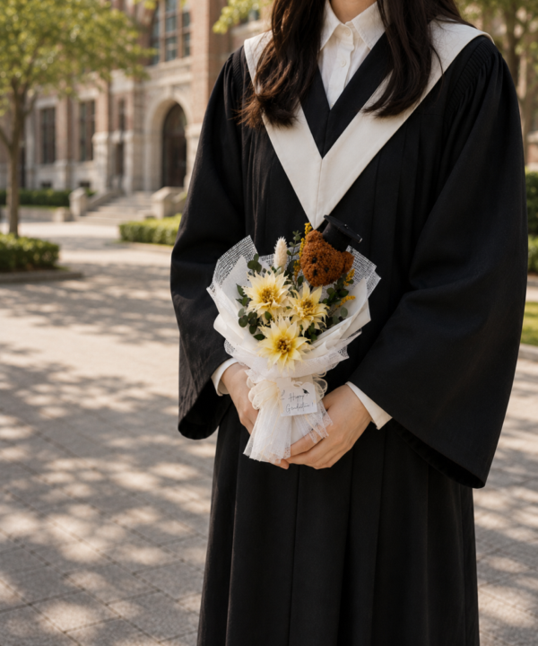 穿著學士袍的畢業生在大學校園手拿奶油色畢業花束，搭配小熊學士帽裝飾