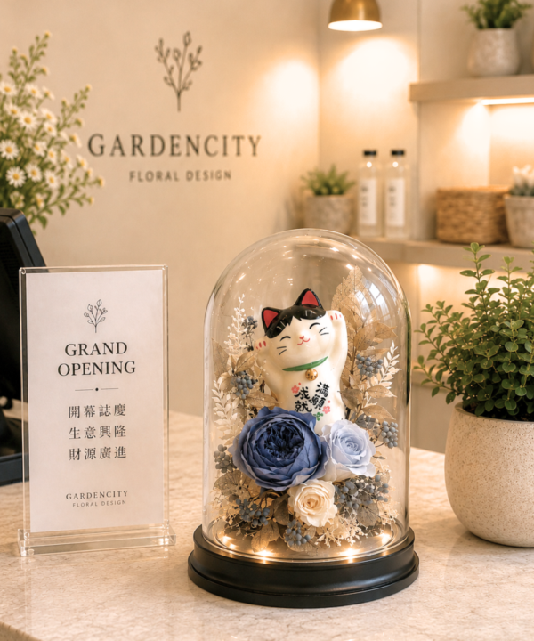 Gardencity城市花園招財貓永生花玻璃罩拍拍燈，陳列於開幕店家櫃台，搭配藍色永生花、黑色底座與柔和燈光，適合開幕誌慶、招財祝賀與櫃台小夜燈擺飾。