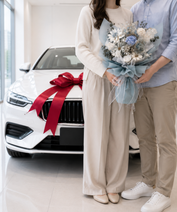 夫妻手拿賀汽車交車花束站在白色新車旁，車上有紅色交車緞帶，背景為明亮簡約的汽車展示中心。