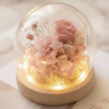 母親節康乃馨永生花小夜燈玻璃花盎，粉色康乃馨搭配永生玫瑰與暖光玻璃罩，適合送媽媽的母親節花禮