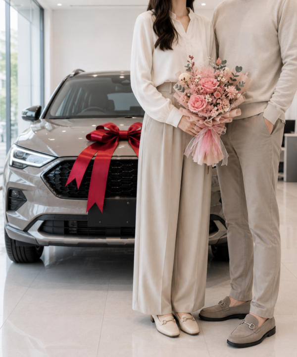 夫妻手拿粉色賀汽車交車花束站在新車旁，灰色汽車搭配紅色交車緞帶，背景為明亮簡約的汽車展示中心。